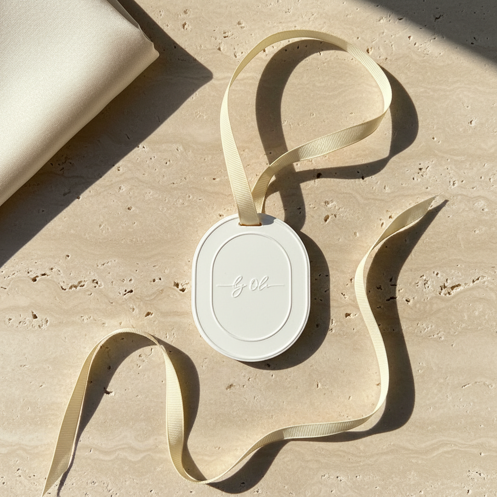 Decorative item with a ribbon on a textured surface