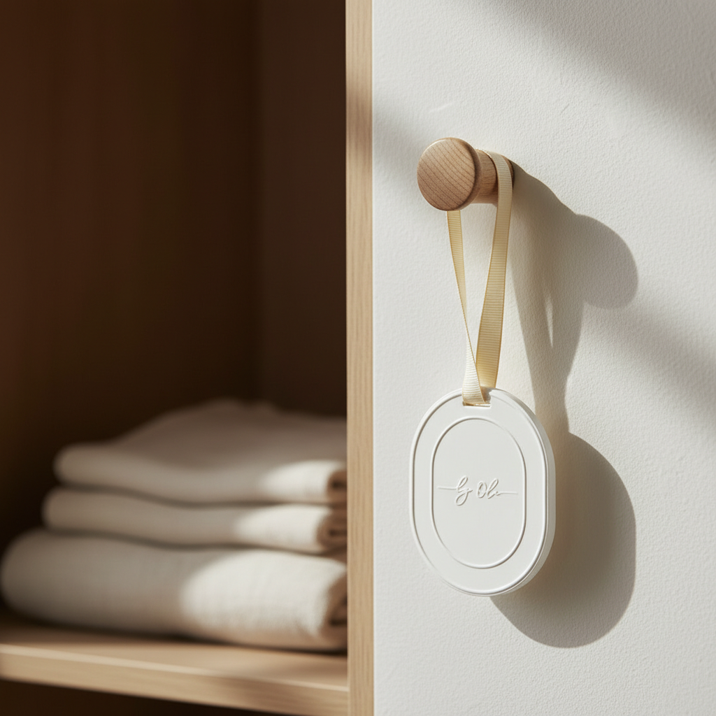Round white device with a wooden hook on a light-colored wall next to folded clothes.