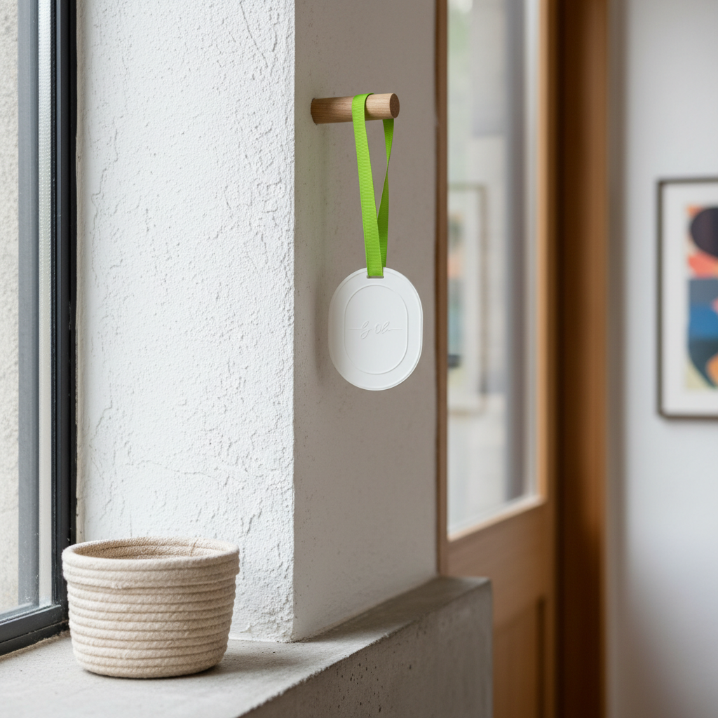 White device with a green strap hanging on a hook next to a window.