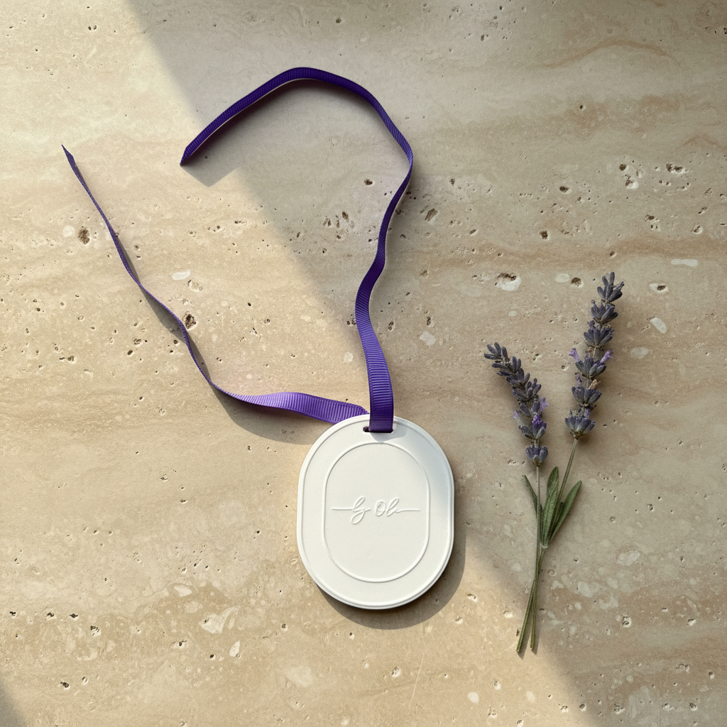Silver oval scented tablet with purple ribbon and lavender flowers on a beige surface