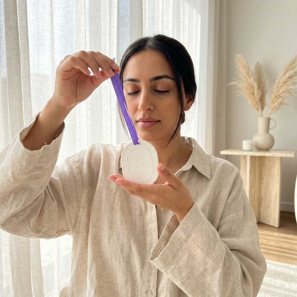 Woman holding an oval scented tablet in her bedroom