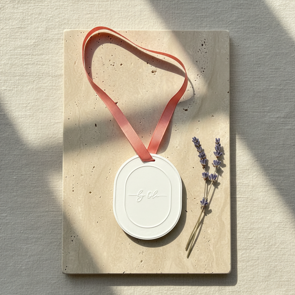 White oval medallion with red ribbon on a beige stone surface with lavender flowers.