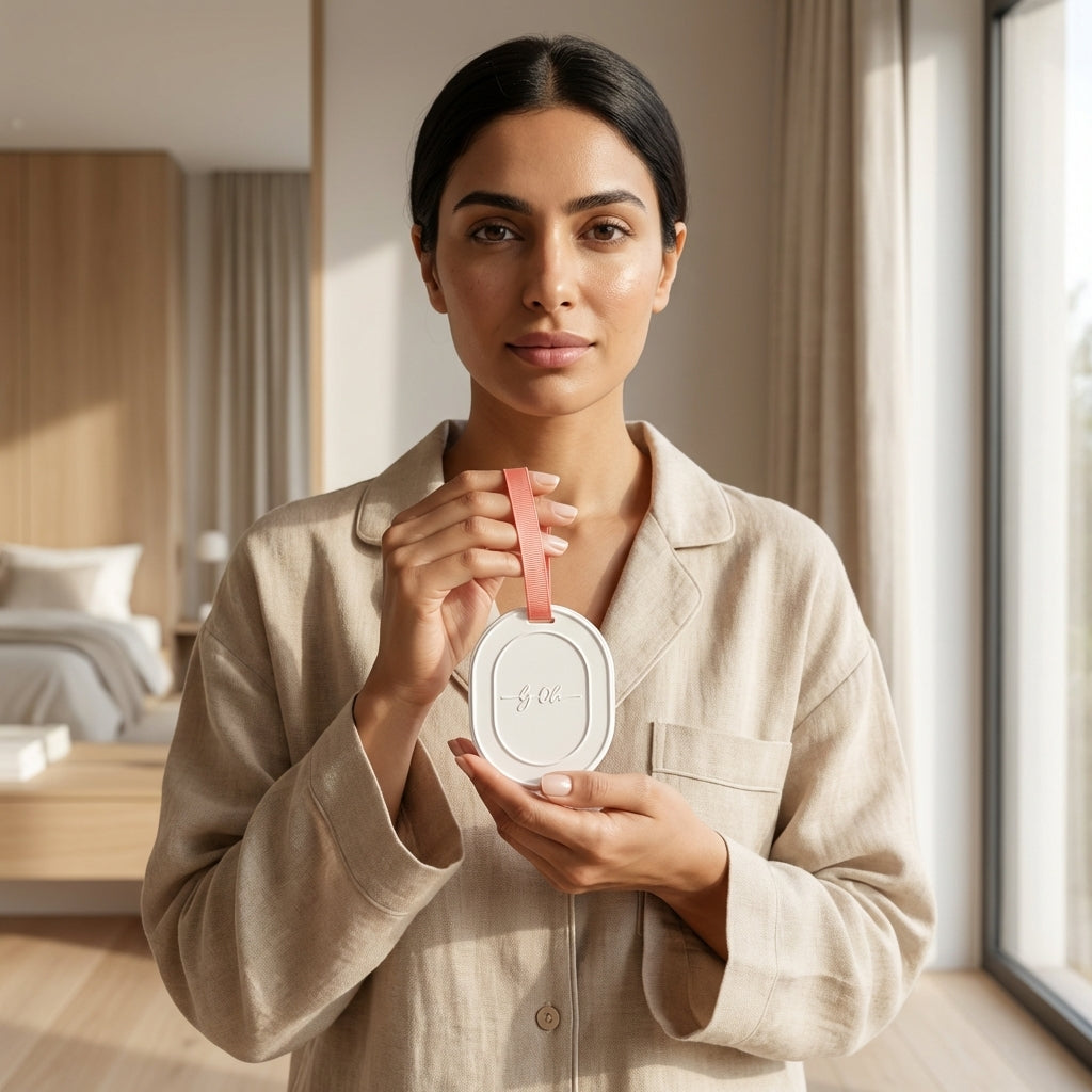 Woman holding the oval scented tablet