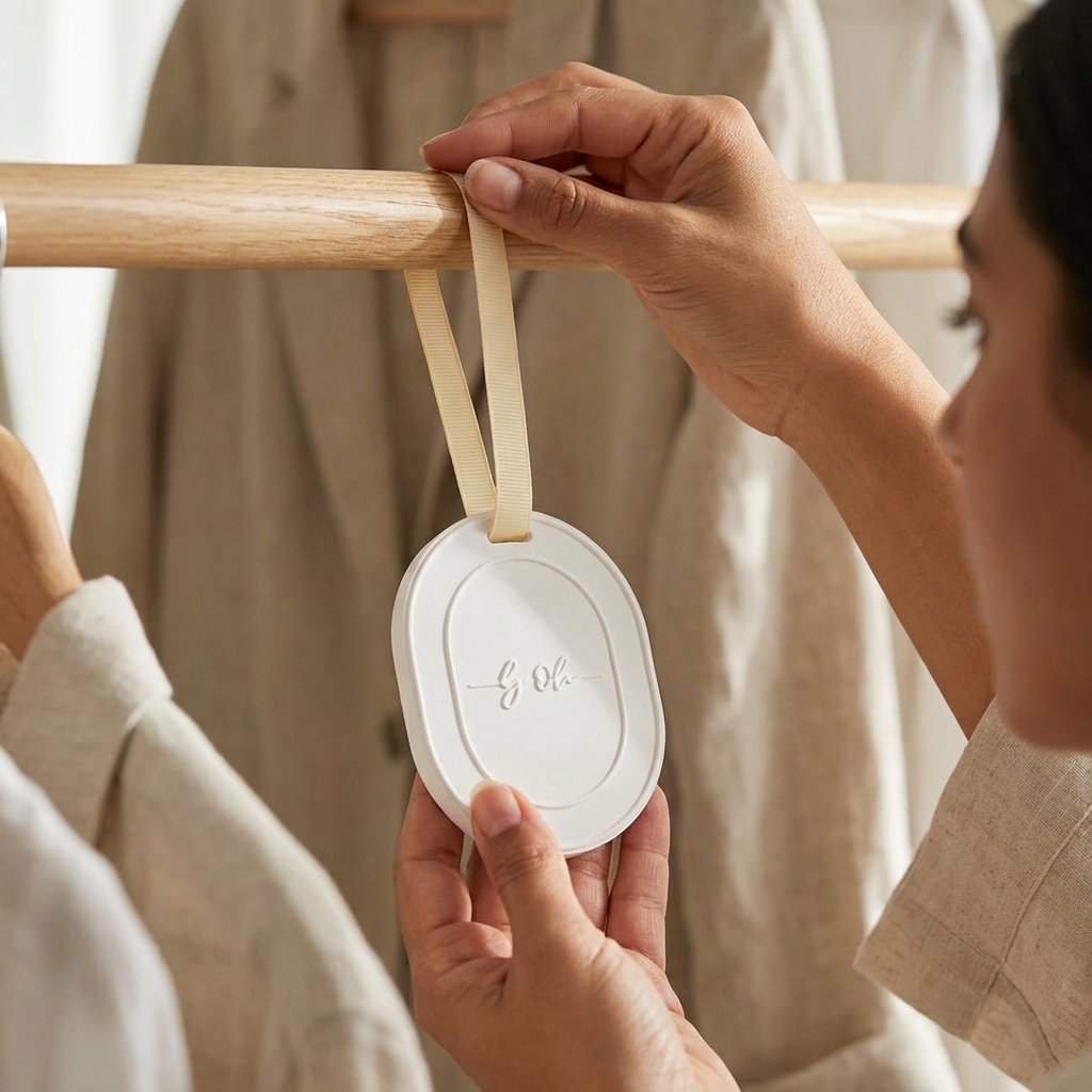 Woman holding a white round product with a green strap in a neutral setting